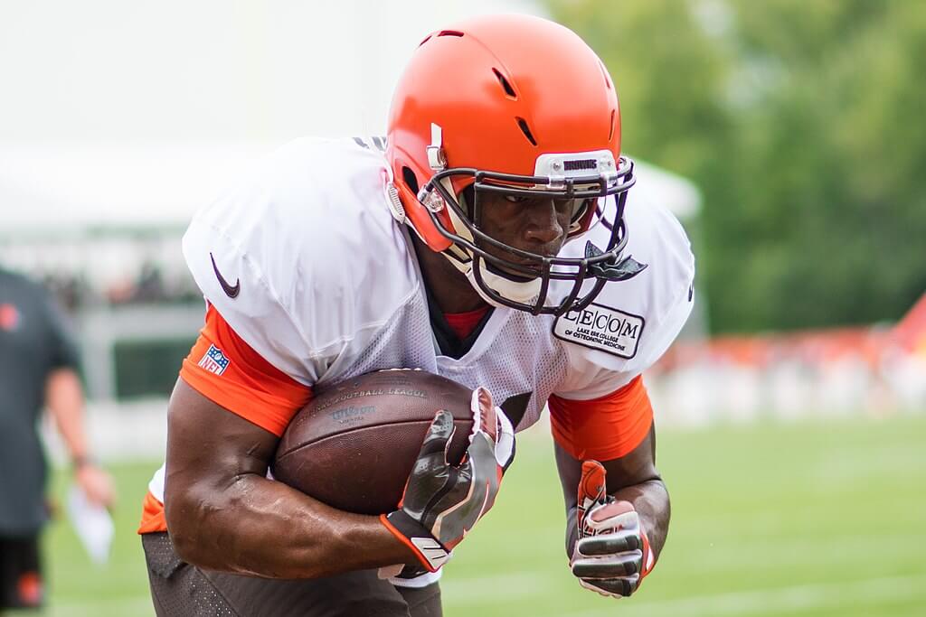 Nick Chubb of the Cleveland Browns carrying the ball during practice