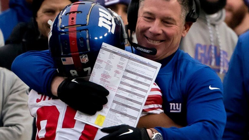 Sterling Shepard hugging Pat Shurmur