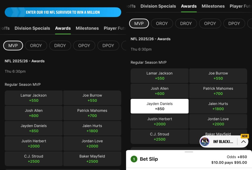 NFL MVP Betting. DraftKings Screenshots