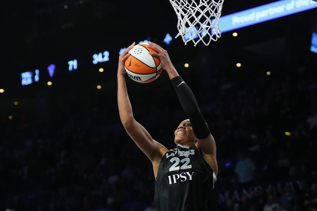 Las Vegas Aces center A'ja Wilson (22) rebounds