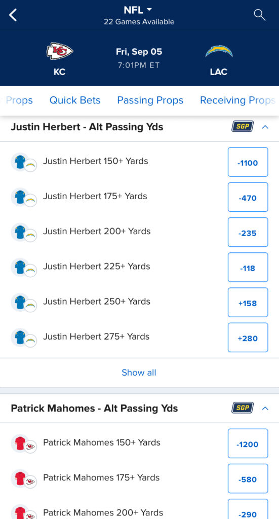 NFL player prop betting alt lines