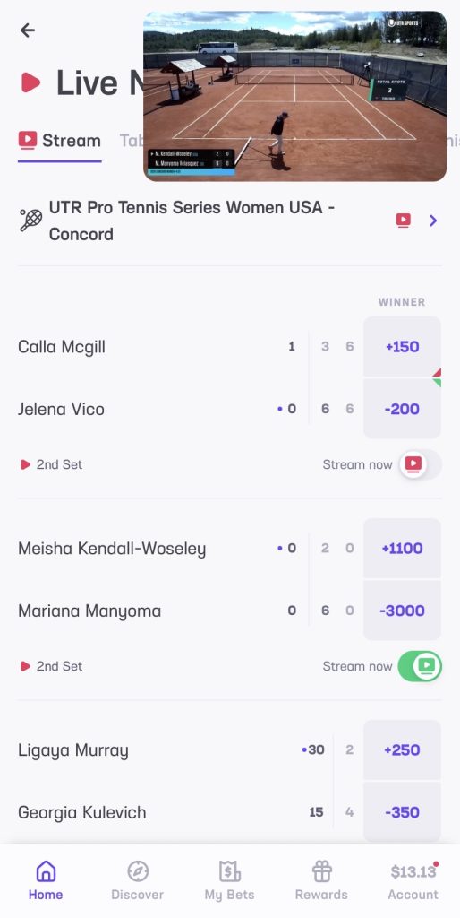 Hard Rock Bet promo code. Screenshot of live betting platform with tennis match streaming.