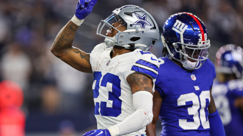 Dallas Cowboys running back Rico Dowdle celebrates against the New York Giants