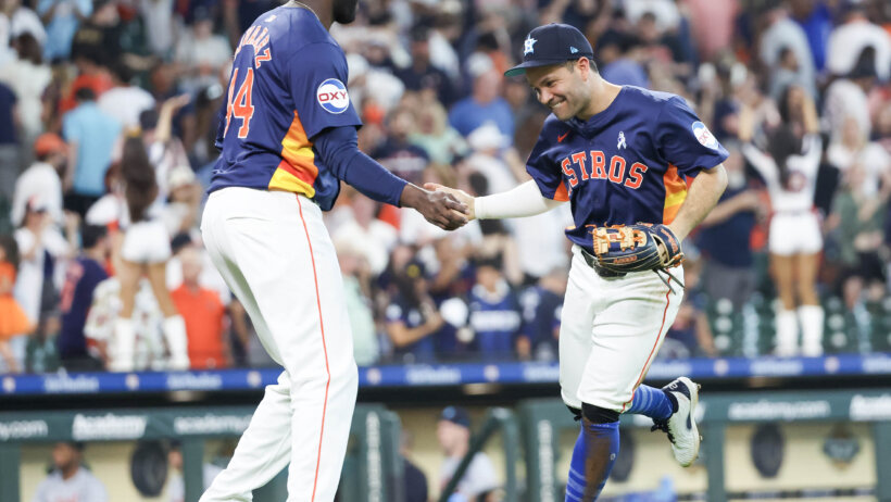 The Astros celebrate a win over the Tigers.