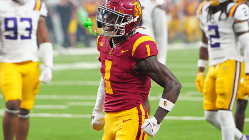 Trojans wide receiver Zachariah Branch reacts after making a play against the LSU Tigers