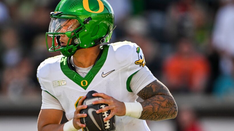 Oregon Ducks quarterback Dillon Gabriel looks for an opening