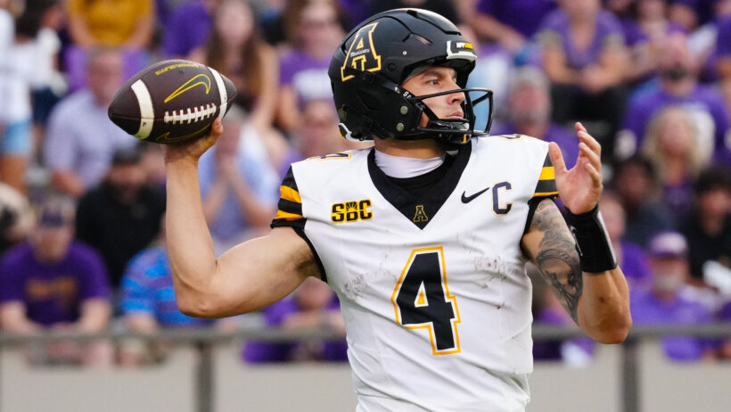 Appalachian State Mountaineers quarterback Joey Aguilar goes to throw the ball