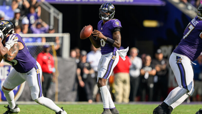Baltimore Ravens quarterback Lamar Jackson stands in the pocket
