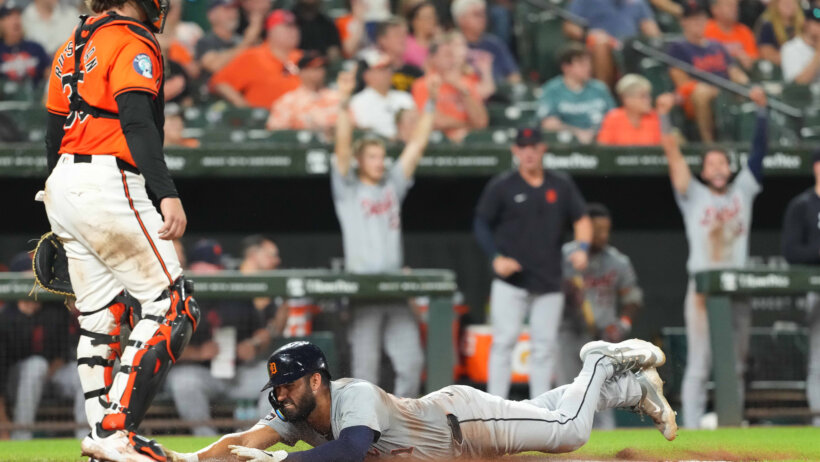 Detroit Tigers outfielder Riley Greene scores a run against the Baltimore Orioles