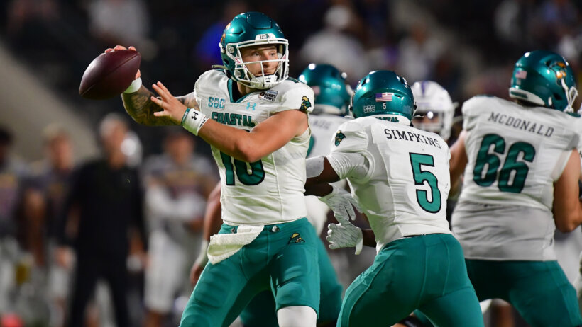 Coastal Carolina Chanticleers quarterback Ethan Vasko drops back to throw a pass