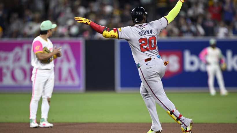 Atlanta Braves designated hitter Marcell Ozuna rounds the bases against the San Diego Padres