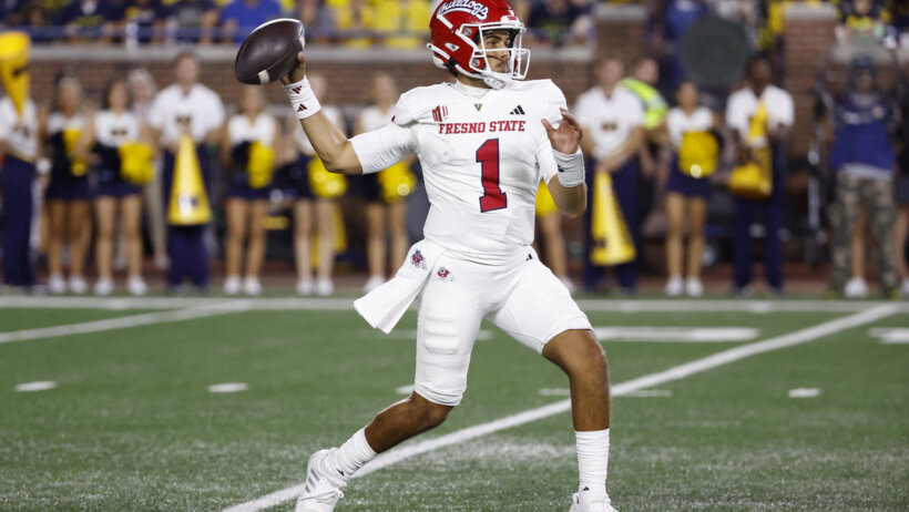 Fresno State Bulldogs quarterback Mikey Keene passes the ball