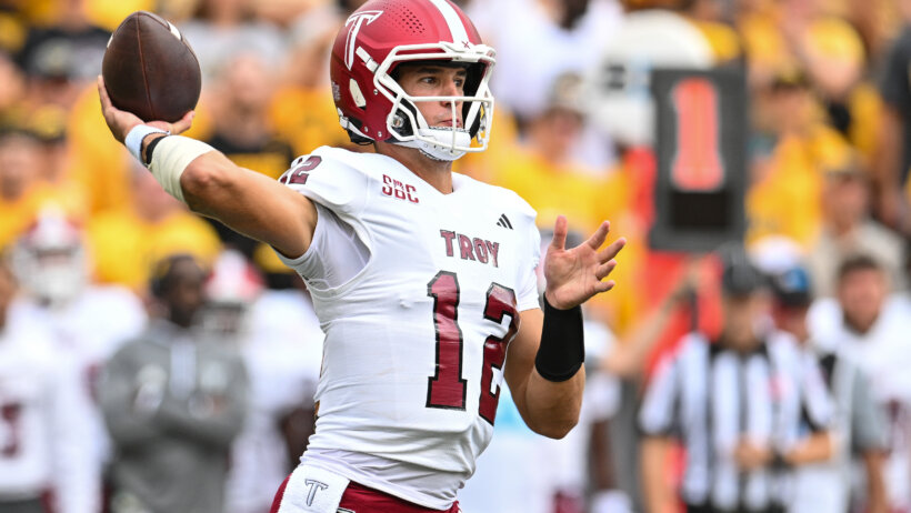 Troy Trojans quarterback Matthew Caldwel throws a pass