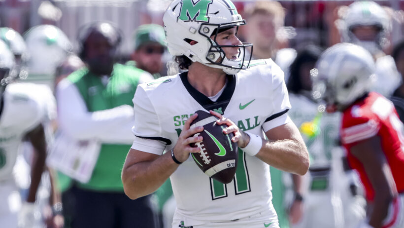 Marshall Thundering Herd quarterback Stone Earle drops to throw