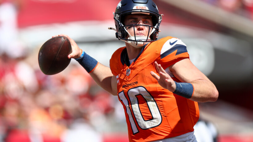 Denver Broncos quarterback Bo Nix drops back to pass