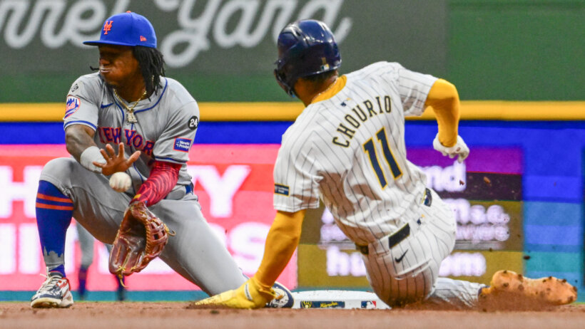 Milwaukee Brewers right fielder Jackson Chourio slides into second against the New York Mets