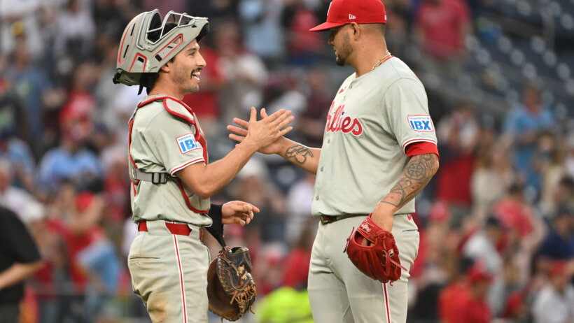 Phillies players celebrating a win