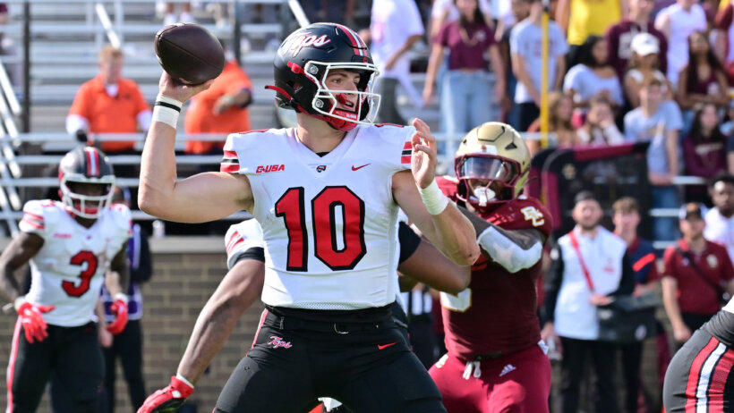 Western Kentucky Hilltoppers quarterback Caden Veltkamp throws a pass against the Boston College Eagles