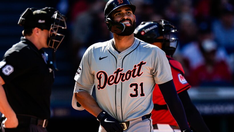 Detroit Tigers left fielder Riley Greene reacts after striking out