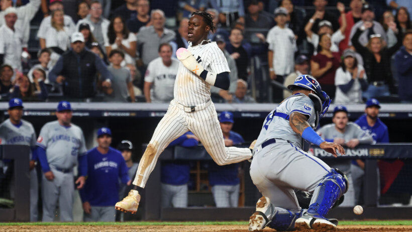 New York Yankees third base Jazz Chisholm Jr scores a run against the Kansas City Royals