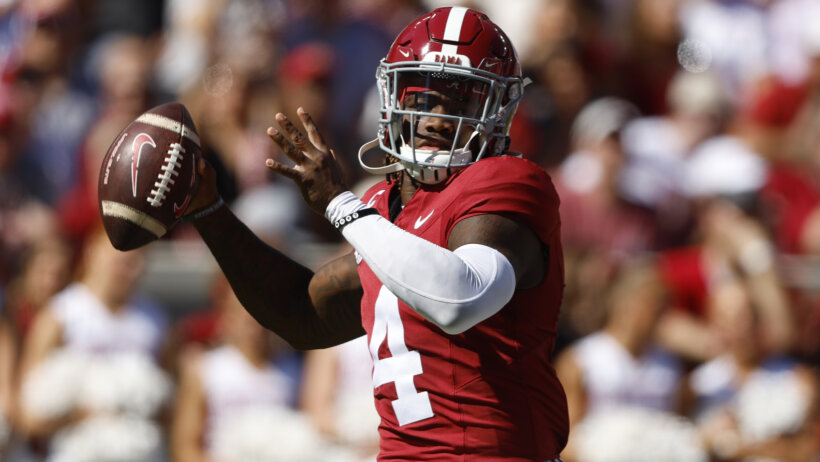Alabama Crimson Tide quarterback Jalen Milroe throws a pass