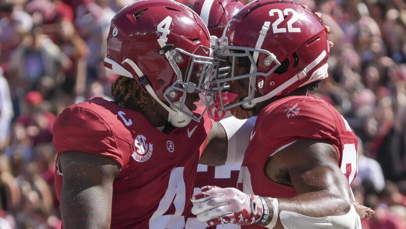 Alabama celebrates a touchdown versus South Carolina.