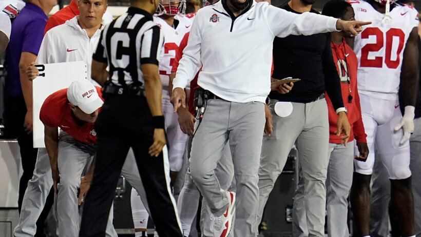 Ohio State coach Ryan Day reacts to a call