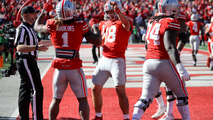 Ohio State celebrates a touchdown versus Nebraska.