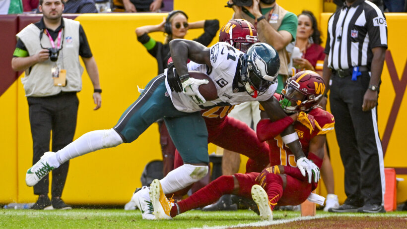 Philadelphia Eagles wide receiver AJ Brown scoring a touchdown against the Washington Commanders