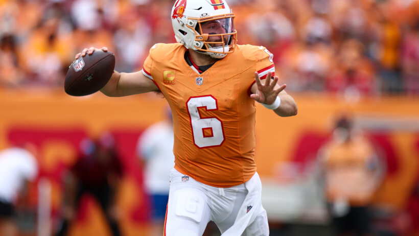 Tampa Bay Buccaneers quarterback Baker Mayfield throwing a pass