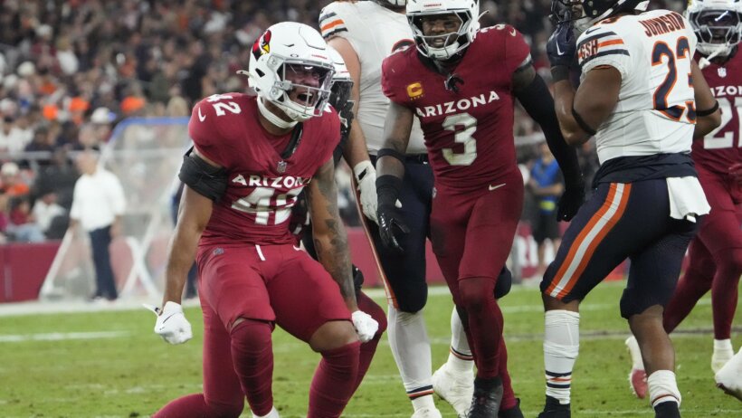 Arizona Cardinals safety Dadrion Taylor-Demerson celebrates a stop against the Chicago Bears
