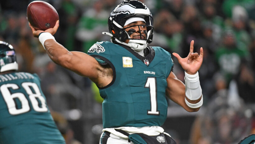 Philadelphia Eagles quarterback Jalen Hurts throws a pass