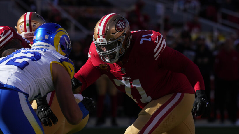 San Francisco 49ers offensive tackle Trent Williams blocking Los Angeles Rams defensive end Jonah Williams