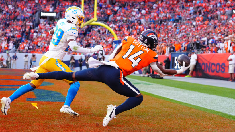 Denver Broncos wide receiver Courtland Sutton catching a TD pass against the LA Chargers