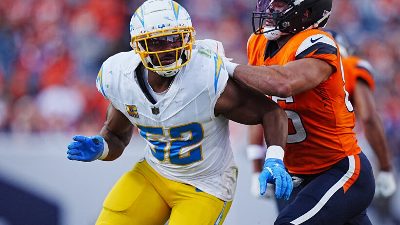 Denver Broncos tight end Thomas Yassmin tries to block Los Angeles Chargers linebacker Khalil Mack
