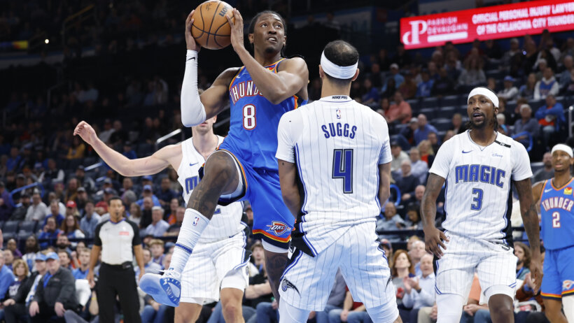 Oklahoma City Thunder forward Jalen Williams goes for a layup against the Orlando Magic