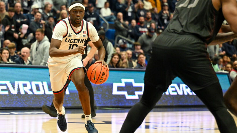 Connecticut Huskies guard Hassan Diarra driving to the hoop