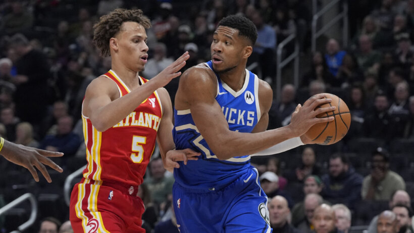 Milwaukee Bucks forward Giannis Antetokounmpo drives against Atlanta Hawks guard Dyson Daniels