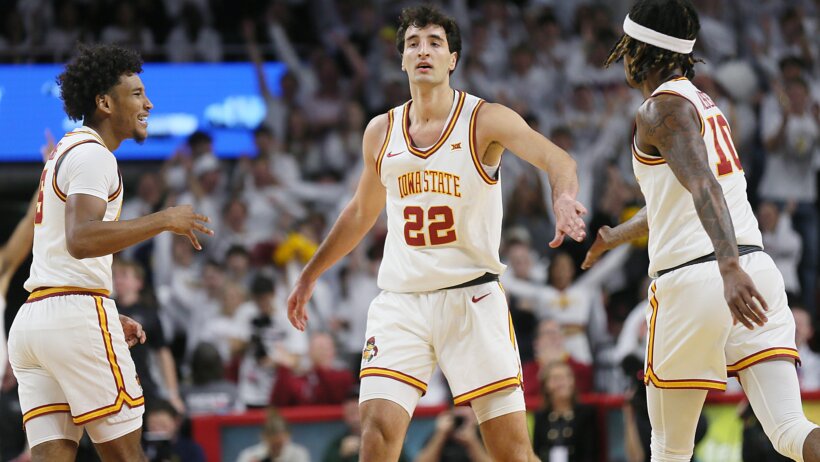 Iowa State Cyclones Milan Momcilovic, Curtis Jones, and Keshon Gilbert celebrate a basket