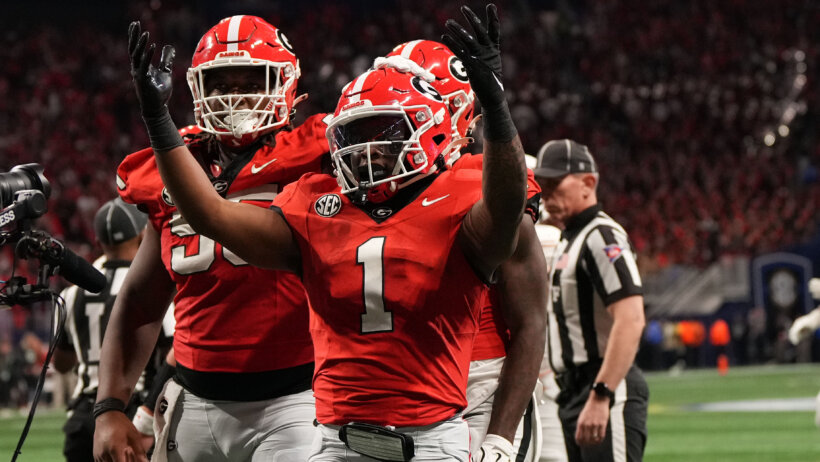 Georgia Bulldogs running back Trevor Etienne reacts after touchdown