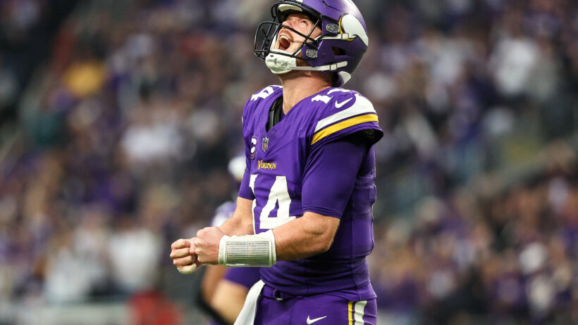 Sam Darnold celebrates a TD versus Atlanta.