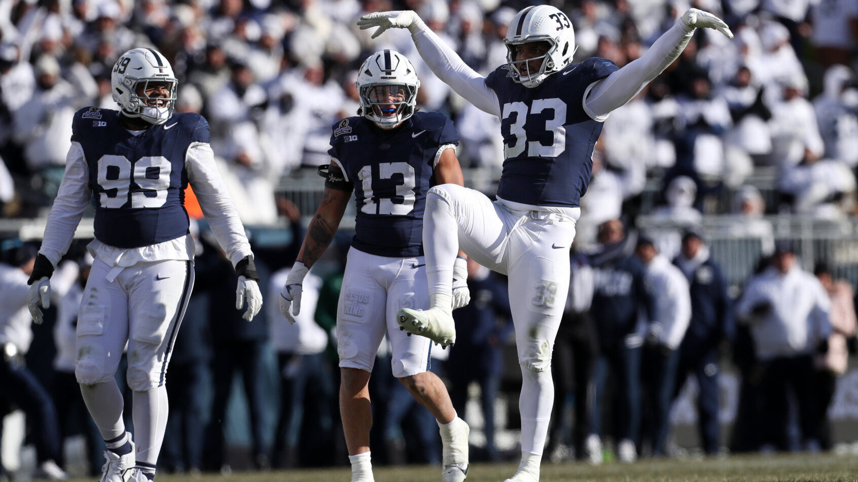The Penn State defense celebrates a stop versus SMU.