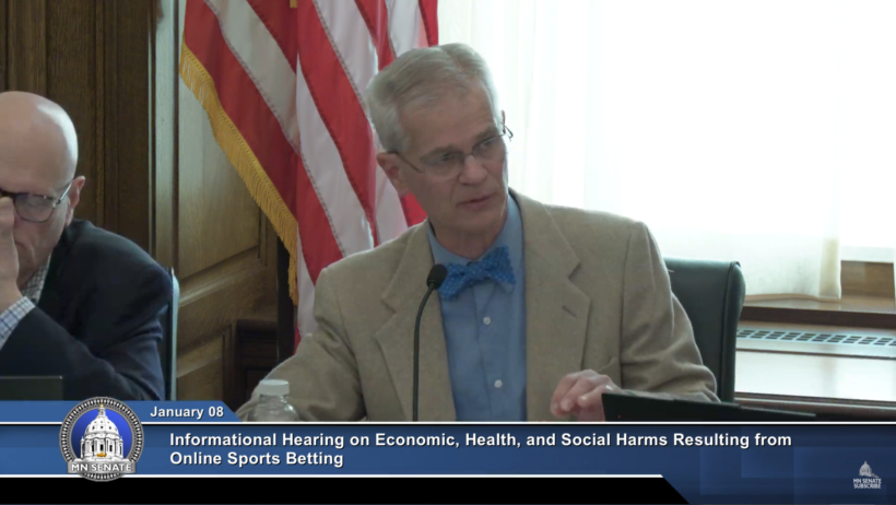 Sen. John Marty at his sports betting hearing.