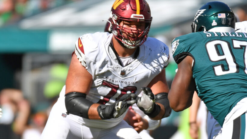 Washington Commanders offensive tackle Sam Cosmi playing against the Philadelphia Eagles