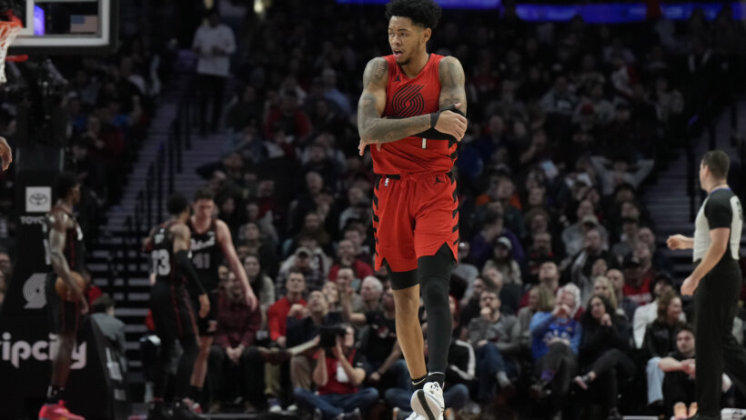 Portland Trail Blazers shooting guard Anfernee Simons reacting to a foul call