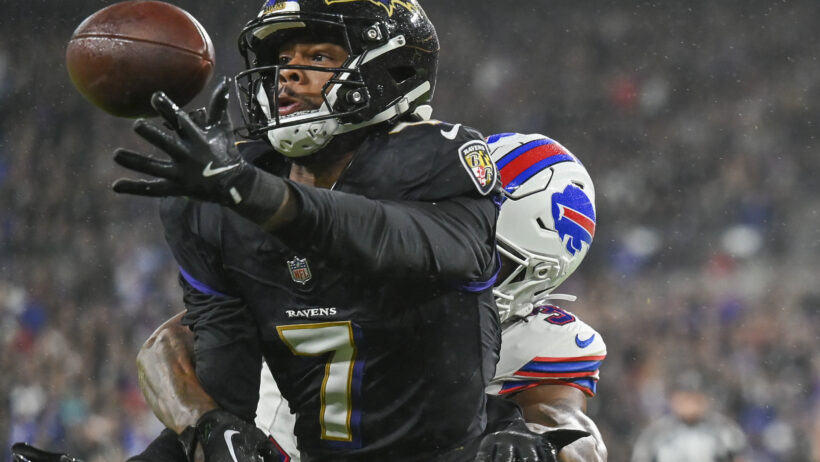 Baltimore Ravens wide receiver Rashod Bateman tries to catch a pass against the Buffalo Bills
