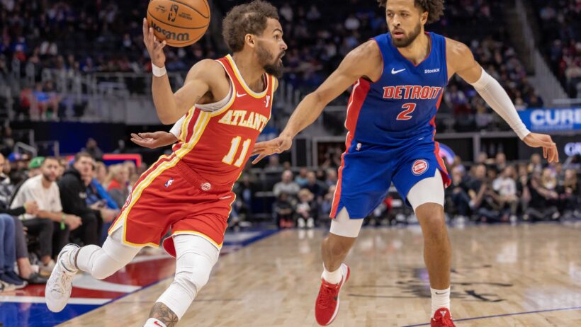Cade Cunningham defending Trae Young