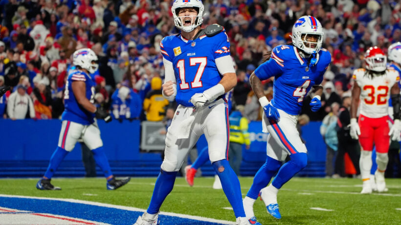 Buffalo Bills quarterback Josh Allen reacts to scoring a touchdown against the Kansas City Chiefs