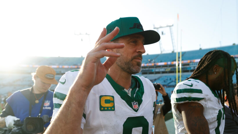 New York Jets quarterback Aaron Rodgers waves to fans Jacksonville Jaguars