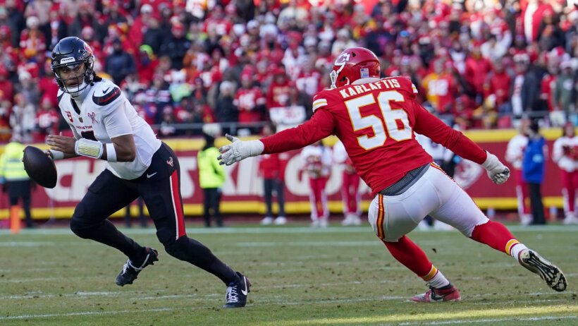 Houston Texans quarterback CJ Stroud scrambling out of the pocket against the Kansas City Chiefs